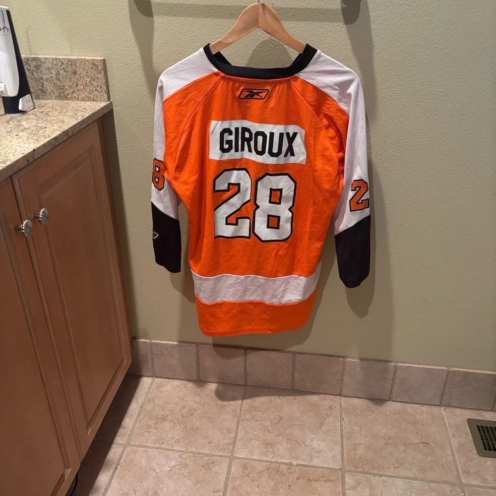 Giroux Orange and White Reebok Hockey Jersey